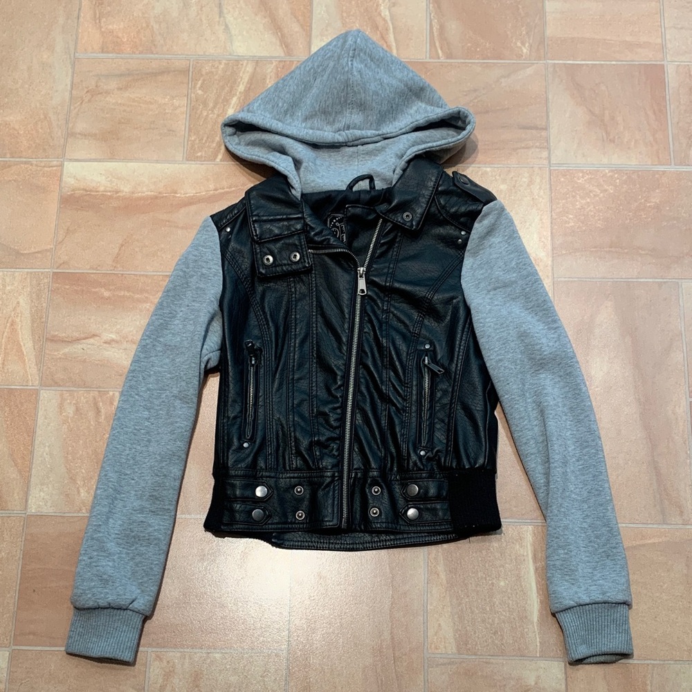 Tilly's Women's Faux Leather Black & Gray Zip Up Hooded Moto Biker Jacket